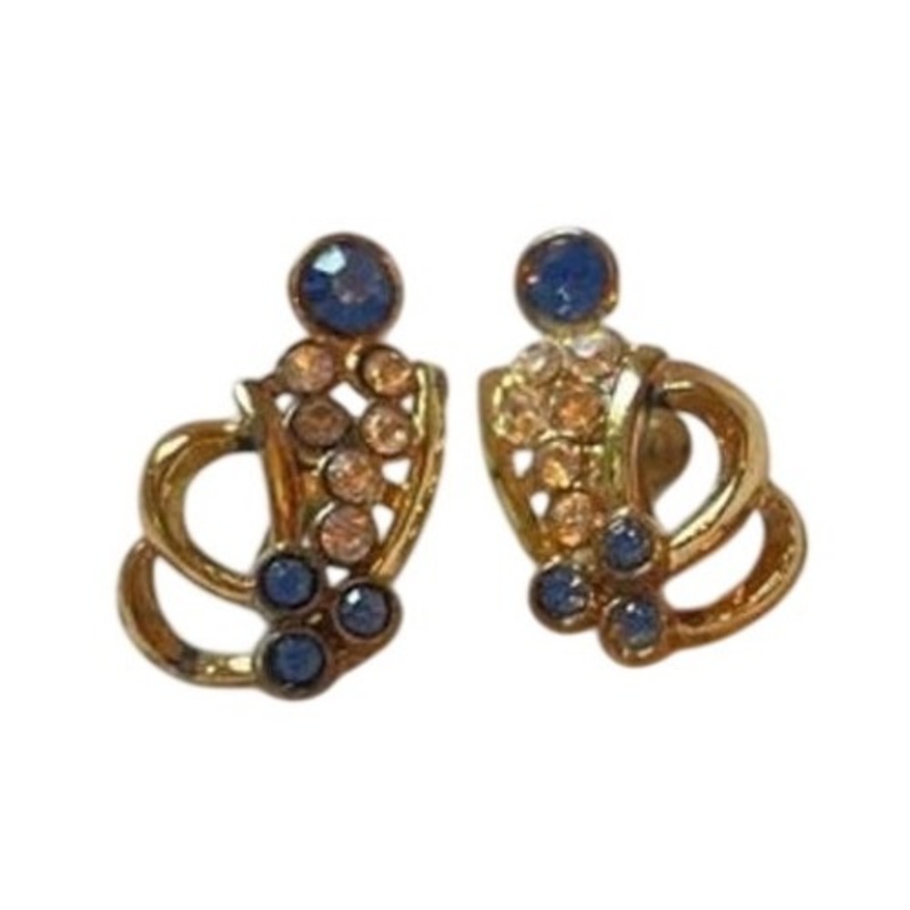 Vintage Rhapsody in Blue Rhinestone Screw-On Earring Gold Tone Angel